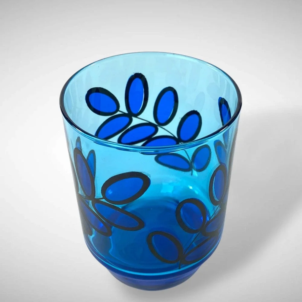 Set of 6 Electric Blue Glass Tumblers Abstract Leaf‎ Design Vintage Barware